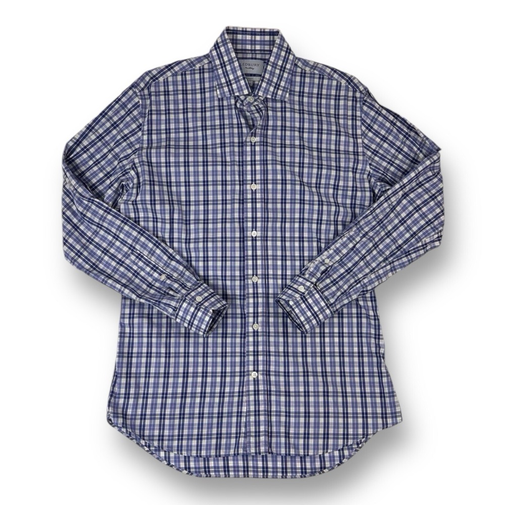 Ledbury Blue White Plaid Long Sleeve‎ Slim Fit Button Down Mens Size 16.5
